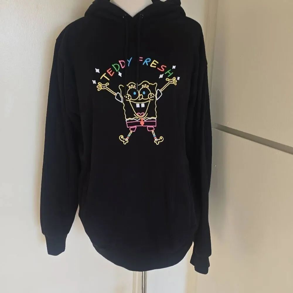 Teddy Fresh Spongebob Hoodie Mens Blk Pullover Embroidered Kangaroo 2020, EUC, L